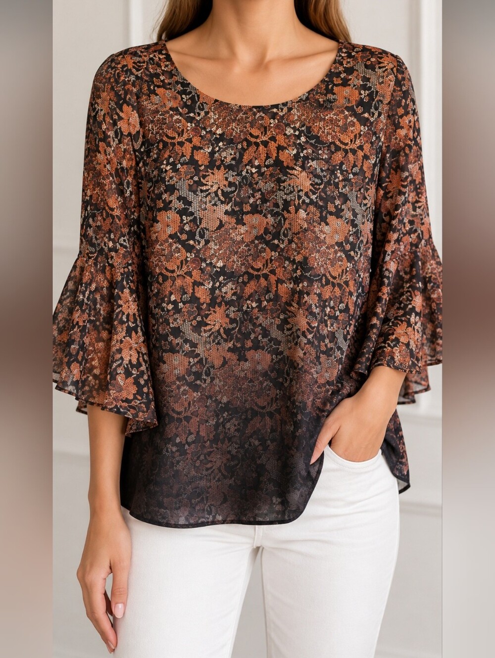 Zozo Chic Floral Bell Sleeve Blouse - Black and Orange